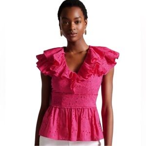 Ted Baker Mazieh Broderie Peplum Top Flutter Sleeve Eyelet Pink NWT Size 1